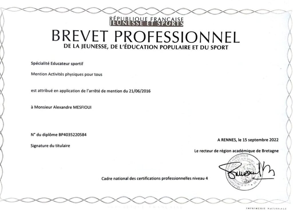 Diplôme d'État BPJEPS Éducateur sportif, mention Activités physiques pour tous, d'Alexandre Mesfioui